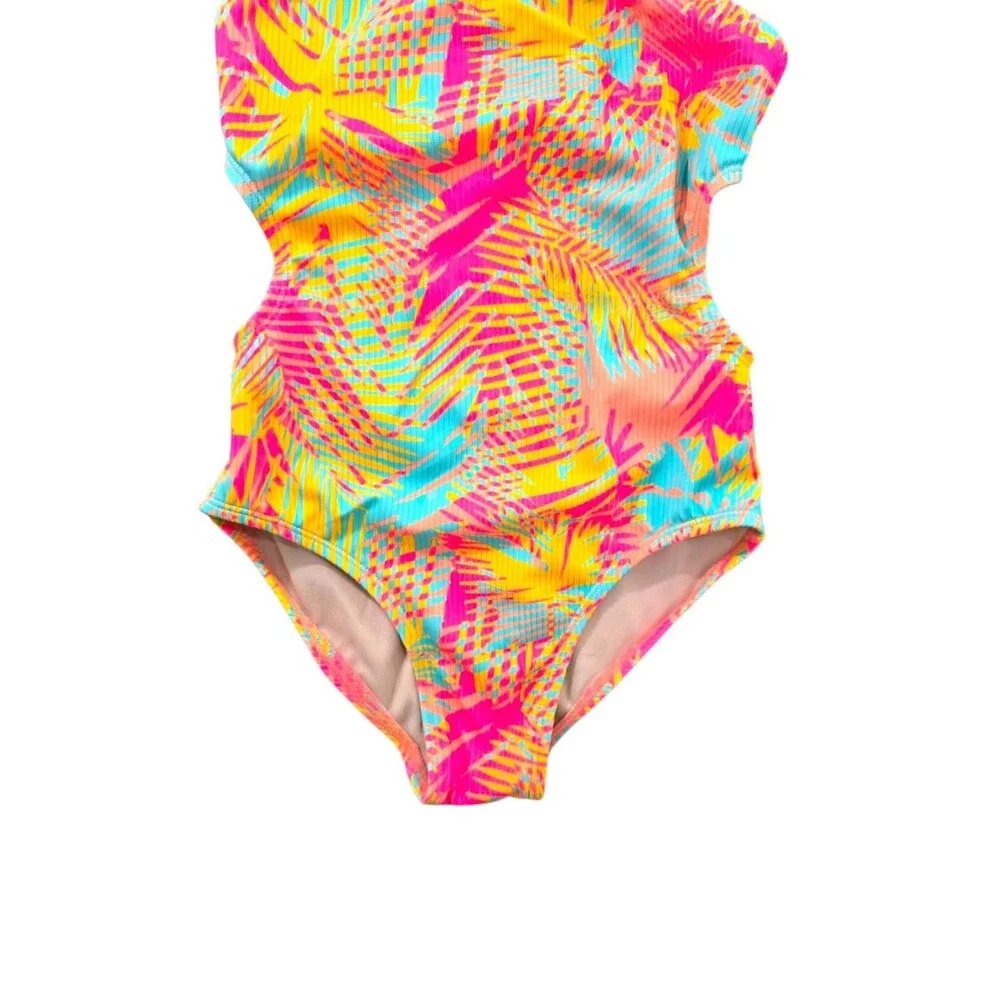 Art Class Girls One-Piece Swimsuit Ribbed Knit Multi Tropical Print Sz M NWT